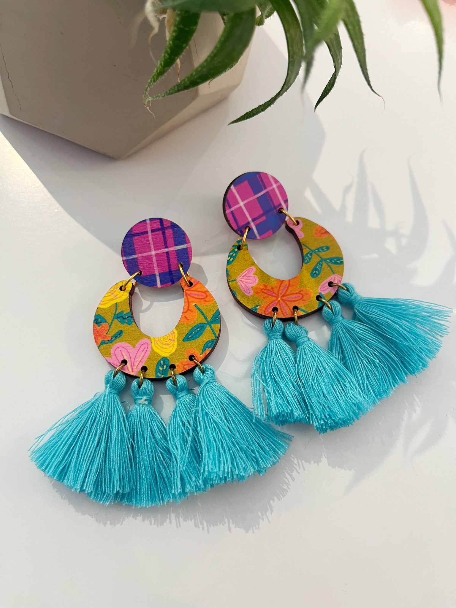 Marjorie Drop Earring with Fringe {Chartreuse/Turq}